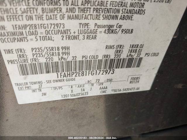 Ford TAURUS SEL 2015 1FAHP2E81FG172973 Image 9