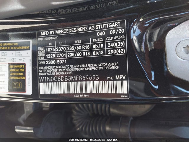 W1N0G8DB3MF869693 Mercedes-Benz Glc 300 Suv