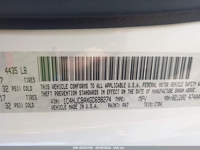 Jeep Compass Sport 2016 1C4NJCBAXGD698274 Image 9
