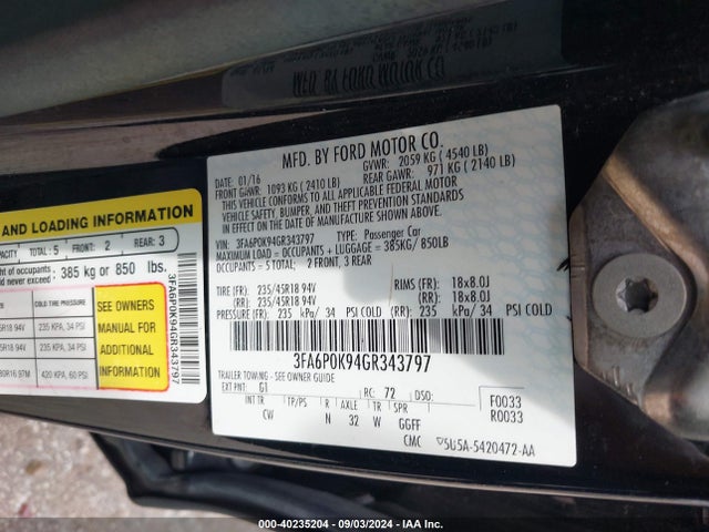 Ford Fusion Titanium 2016 3FA6P0K94GR343797 Image 9