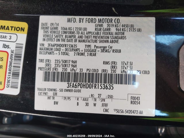 Ford FUSION SE 2015 3FA6P0HD0FR153635 Image 9