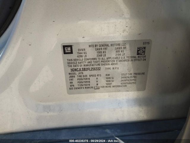 3GNCJLSB2FL256332 Chevrolet Trax Lt