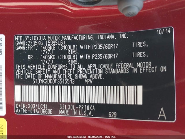 Toyota Sienna Xle 8 Passenger 2015 5TDYK3DC0FS545513 Image 9