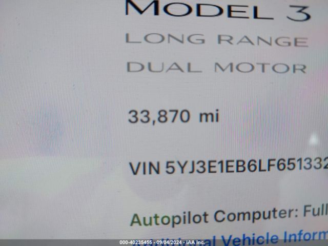 5YJ3E1EB6LF651332 Tesla Model 3 Long Range Dual Motor All-wheel Drive