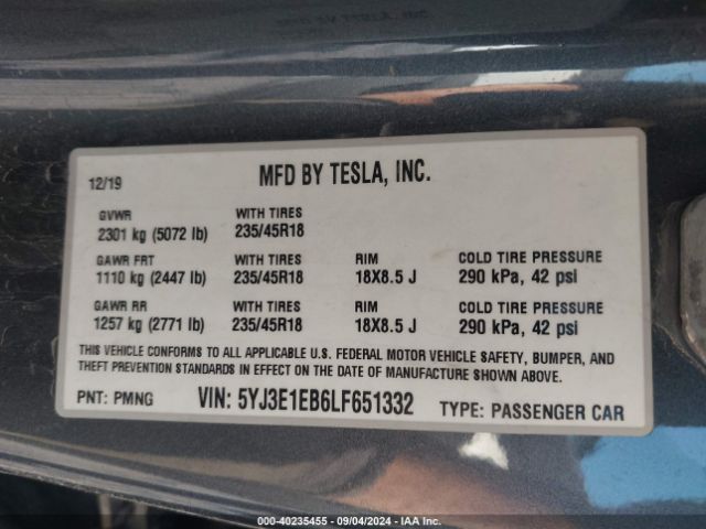 5YJ3E1EB6LF651332 Tesla Model 3 Long Range Dual Motor All-wheel Drive