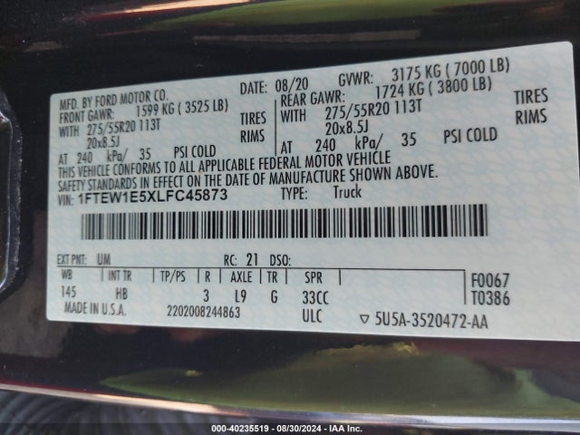 Ford F-150 Lariat 2020 1FTEW1E5XLFC45873 Image 9