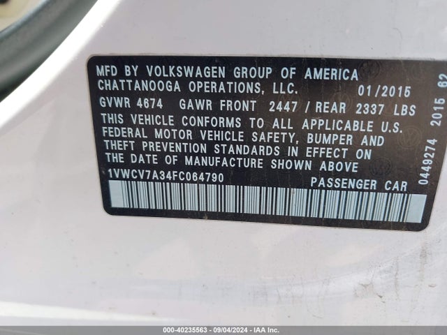 1VWCV7A34FC064790 Volkswagen Passat 2.0l Tdi Sel Premium