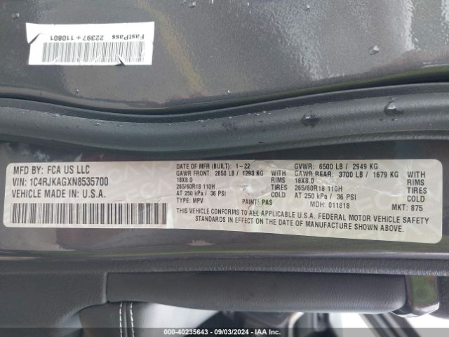 1C4RJKAGXN8535700 Jeep Grand Cherokee L Laredo 4x4