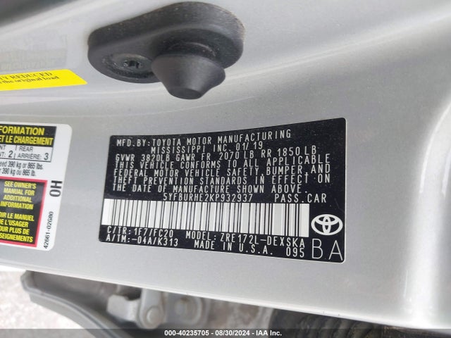 Toyota COROLLA SE 2019 5YFBURHE2KP932937 Image 9
