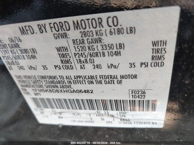 Ford EXPLORER XLT 2017 1FM5K8D8XHGA06482 Image 9