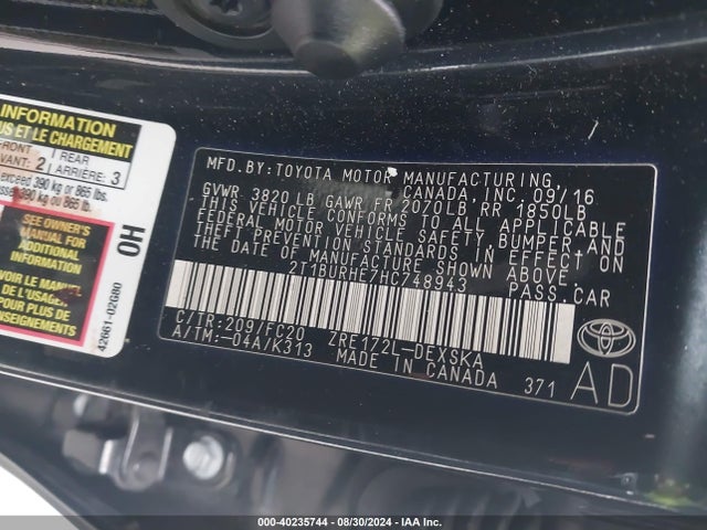 Toyota COROLLA SE 2017 2T1BURHE7HC748943 Image 9