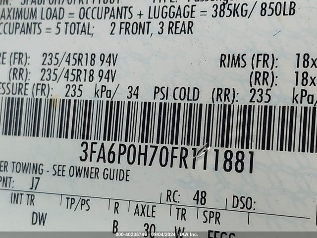 Ford FUSION SE 2015 3FA6P0H70FR111881 Image 9
