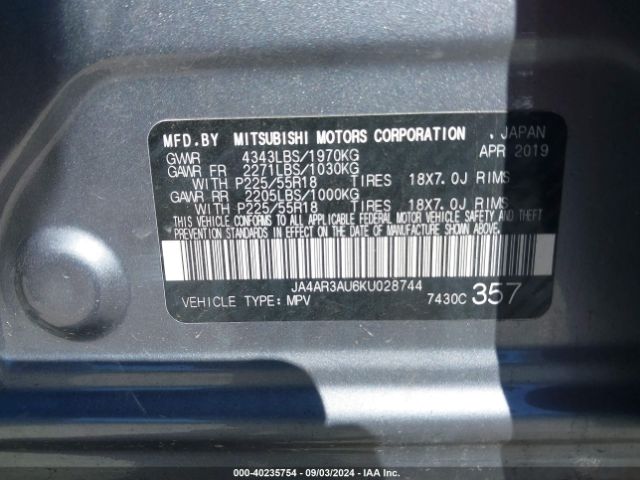 JA4AR3AU6KU028744 Mitsubishi Outlander Sport 2.0 Le