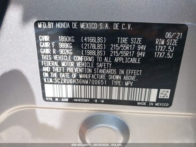 3CZRU6H36NM700651 Honda Hr-v Awd Lx
