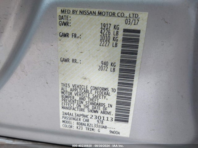 Nissan Altima 2.5 Sl 2017 1N4AL3AP9HC230113 Image 9