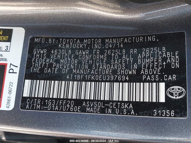 Toyota CAMRY SE 2014 4T1BF1FK0EU397694 Image 9