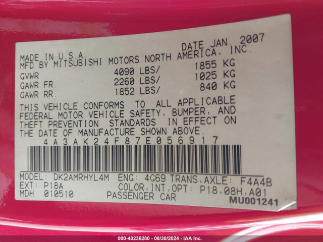 2007 MITSUBISHI ECLIPSE 4A3AK24F87E056917 Photo 8