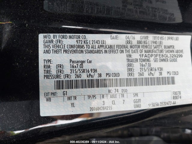 1FADP3FE8GL329299 Ford FOCUS SE