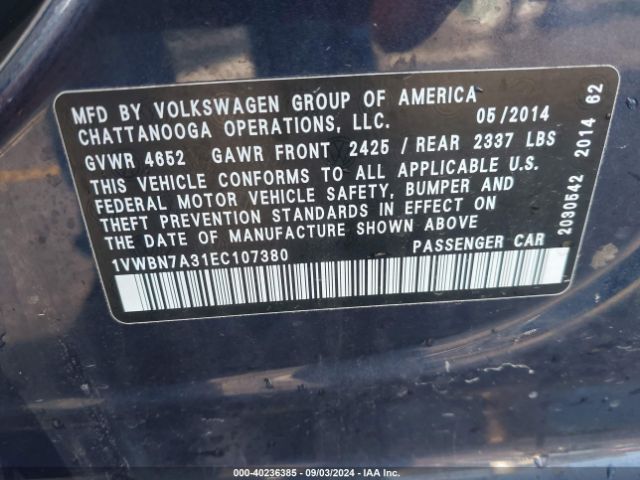 1VWBN7A31EC107380 Volkswagen Passat 2.0l Tdi Se
