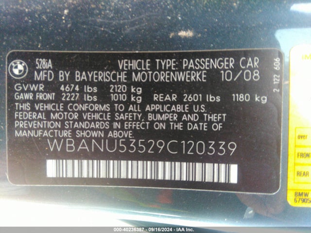 2009 Bmw 528i მანქანა იყიდება აუქციონზე, vin: WBANU53529C120339, აუქციონის ნომერი: 40236387