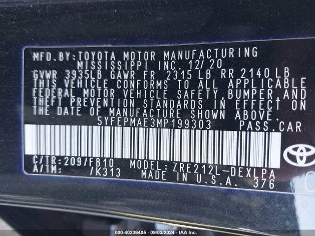 Toyota COROLLA LE 2021 5YFEPMAE3MP199303 Image 9