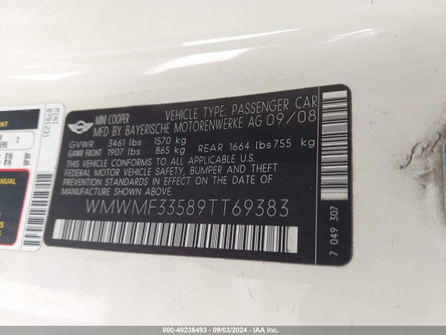 2009 MINI COOPER WMWMF33589TT69383 Photo 8
