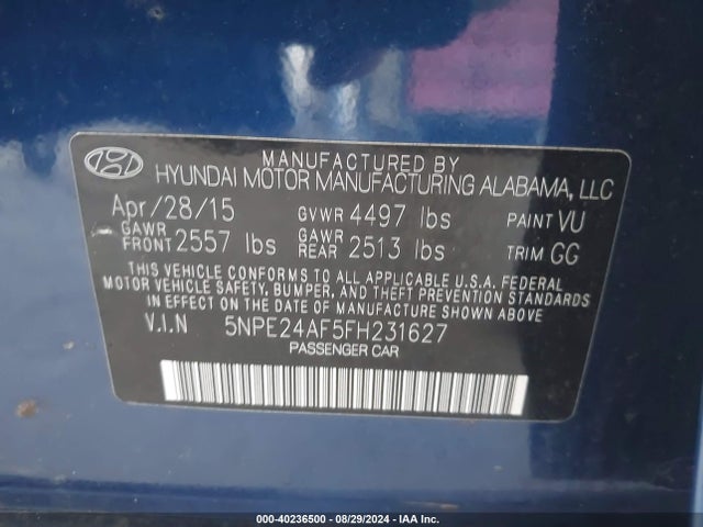 Hyundai SONATA SE 2015 5NPE24AF5FH231627 Image 9