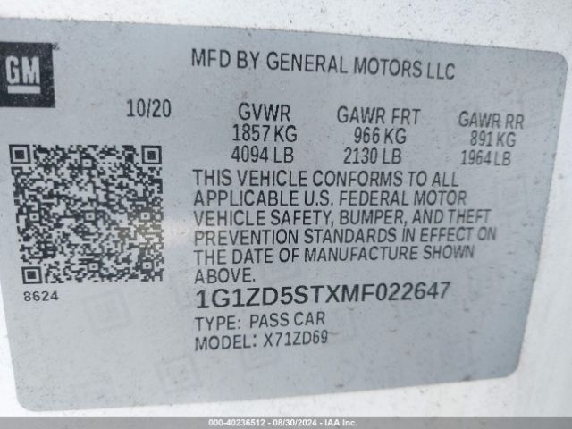 1G1ZD5STXMF022647 Chevrolet Malibu Fwd Lt
