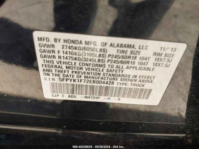 Honda Ridgeline Sport 2014 5FPYK1F72EB004428 Image 9