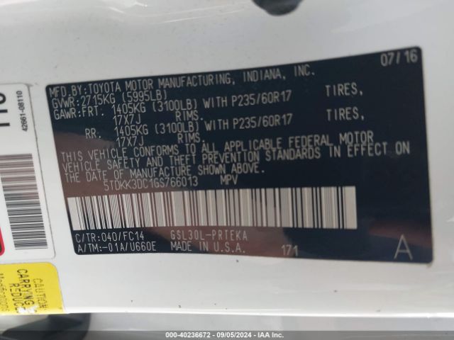 5TDKK3DC1GS766013 Toyota SIENNA LE