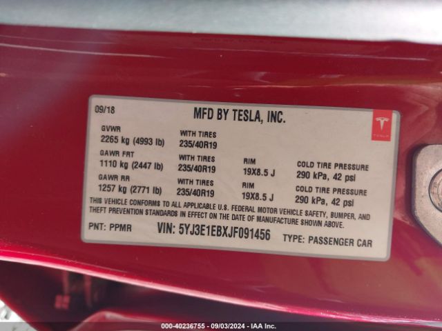 5YJ3E1EBXJF091456 Tesla Model 3 Long Range/performance