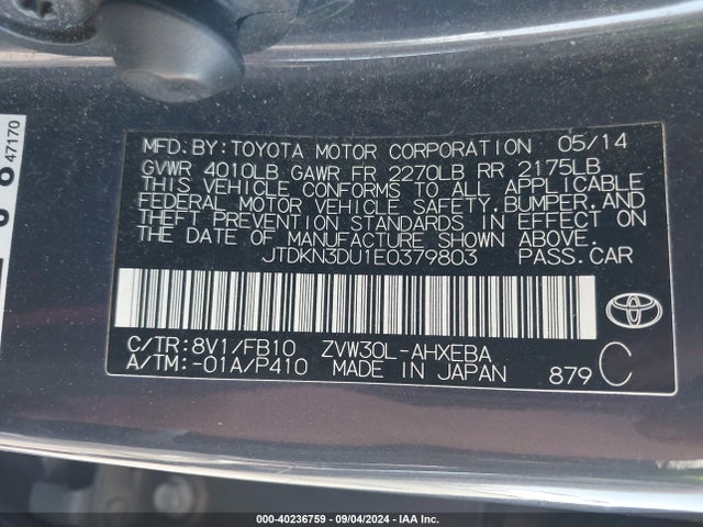 Toyota Prius Two 2014 JTDKN3DU1E0379803 Image 9