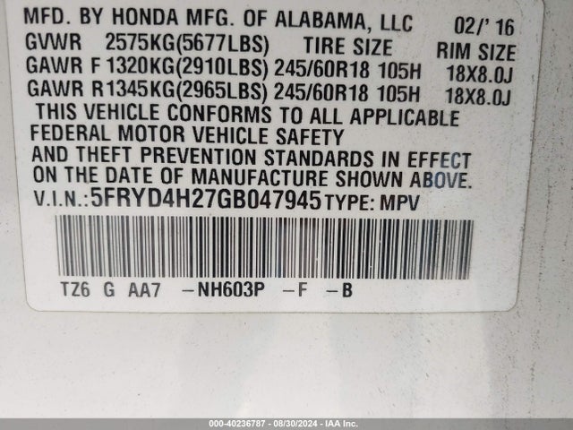 5FRYD4H27GB047945 Acura Mdx Acurawatch Plus Package