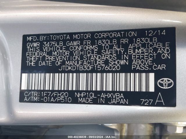 JTDKDTB30F1576020 Toyota Prius C One