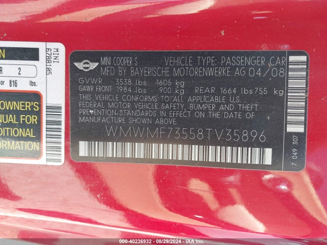 2008 MINI COOPER S WMWMF73558TV35896 Photo 8