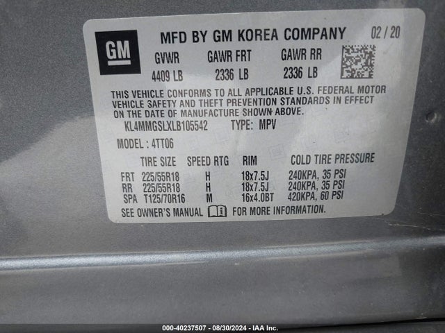 KL4MMGSLXLB105542 Buick Encore Gx Awd Essence