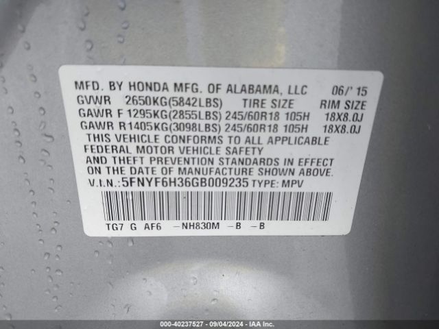 5FNYF6H36GB009235 Honda Pilot Ex