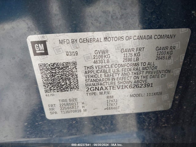 Chevrolet EQUINOX LT 2019 2GNAXTEV1K6262391 Image 9
