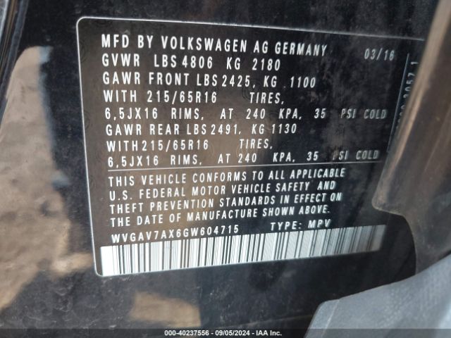WVGAV7AX6GW604715 Volkswagen TIGUAN S