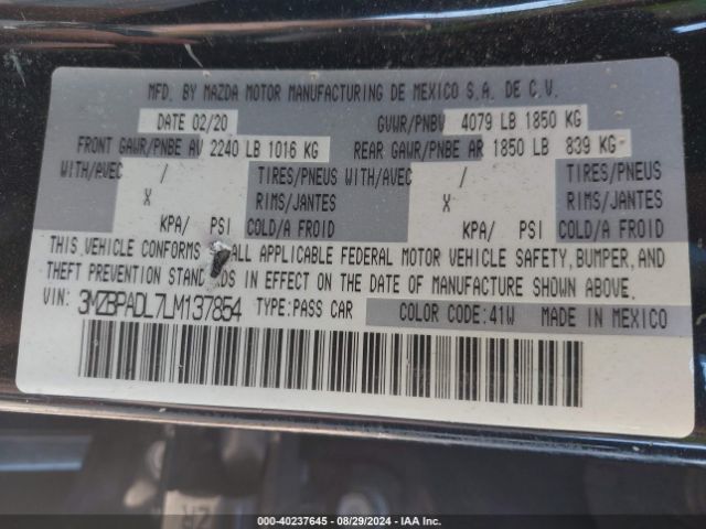 3MZBPADL7LM137854 Mazda Mazda3 Preferred Package