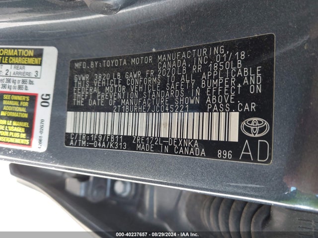 Toyota COROLLA LE 2018 2T1BURHE7JC045221 Image 9