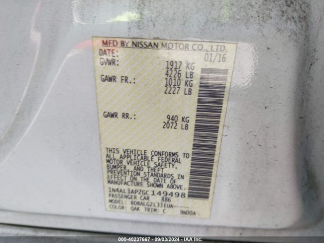 1N4AL3AP2GC149498 Nissan Altima 2.5/2.5 S/2.5 Sl/2.5 Sr/2.5 Sv