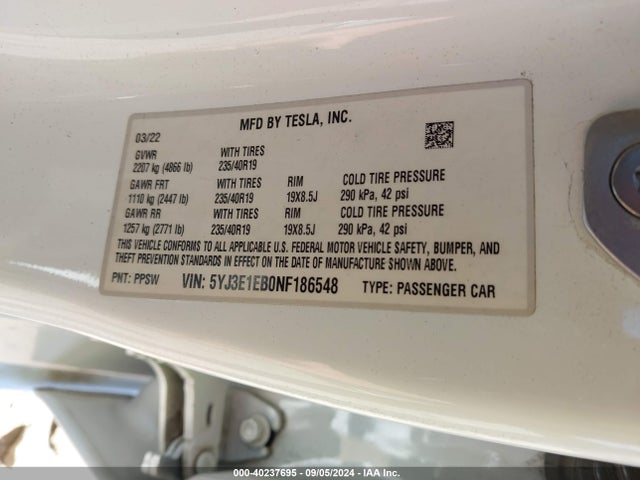 2022 TESLA MODEL 3 5YJ3E1EB0NF186548 Photo 8