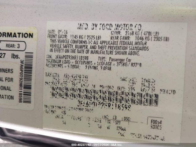 3FA6P0T92HR118598 Ford FUSION SE