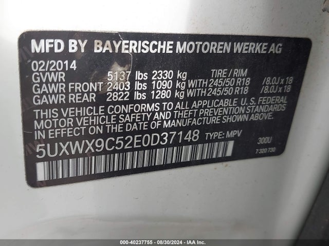 BMW X3 Xdrive28i 2014 5UXWX9C52E0D37148 Image 9