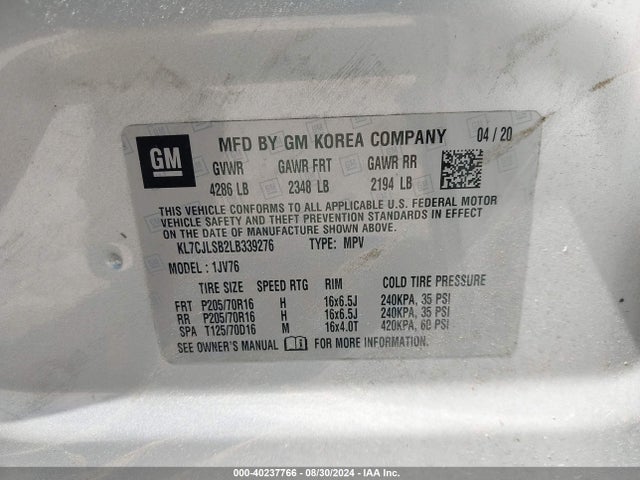 Chevrolet Trax Fwd Lt 2020 KL7CJLSB2LB339276 Image 9