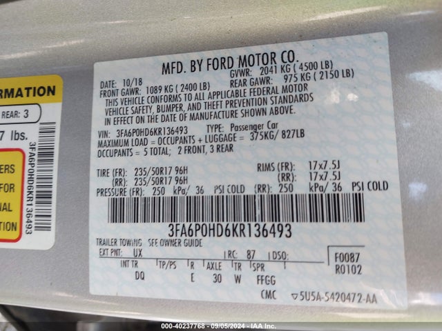 Ford FUSION SE 2019 3FA6P0HD6KR136493 Image 9