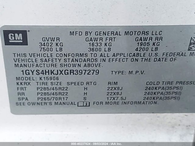 1GYS4HKJXGR397279 Cadillac Escalade Esv Luxury Collection