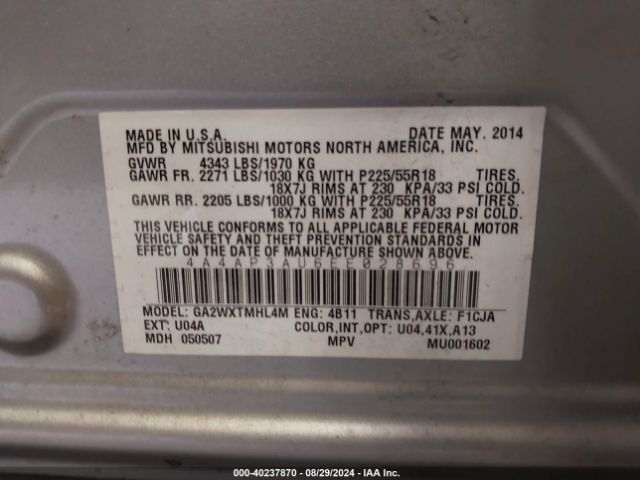 4A4AP3AU6EE028696 Mitsubishi Outlander Sport Es