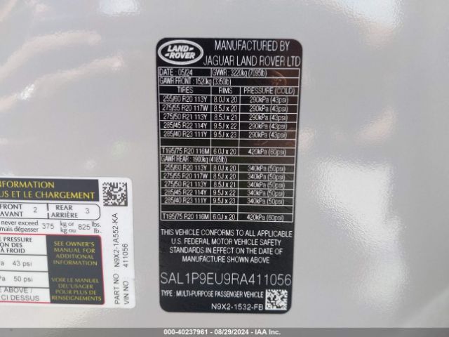 SAL1P9EU9RA411056 Land Rover Range Rover Sport Se